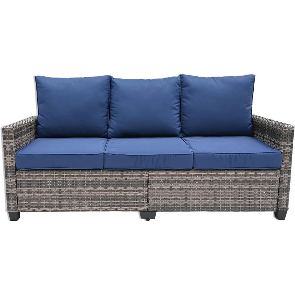 All Weather Wicker Patio Couch, 3-miejscowa sofa Patio z wysokim krzyżem oparcia, Premium Sofa zewnętrzna z brązową wikliny i grubym Cus선