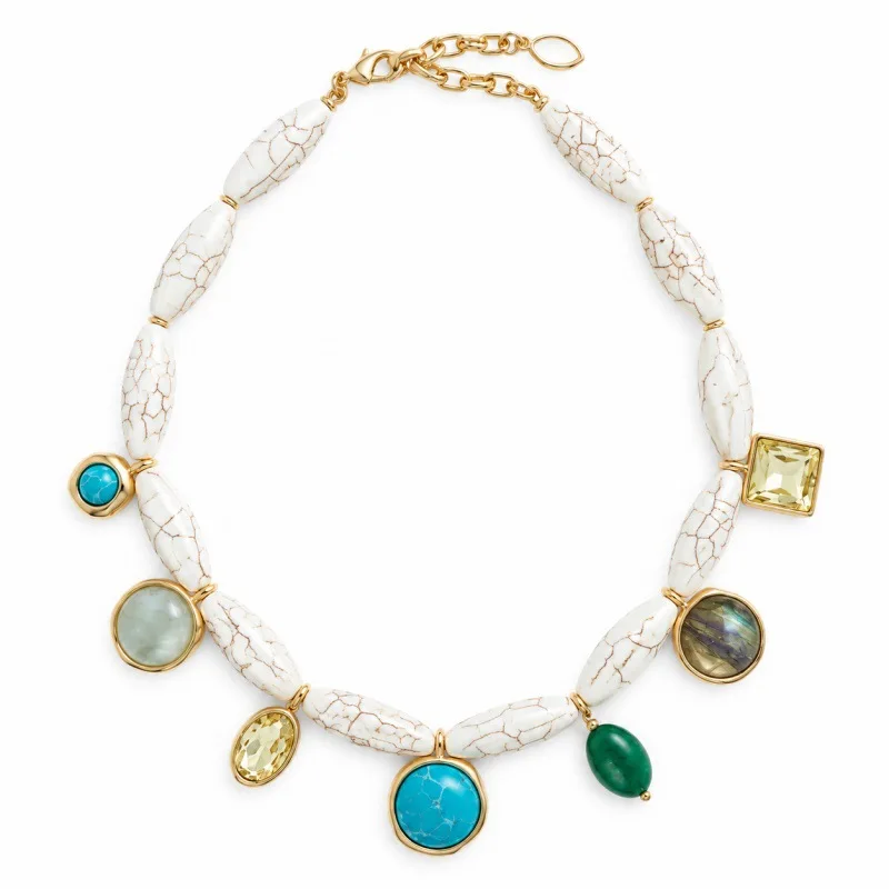 Bohemian Howlite Colorful Gemstone Pendant Necklace, Vintage Vacation Multi-Stone Contrast Beaded Choker, Exquisite Jewelry Gift