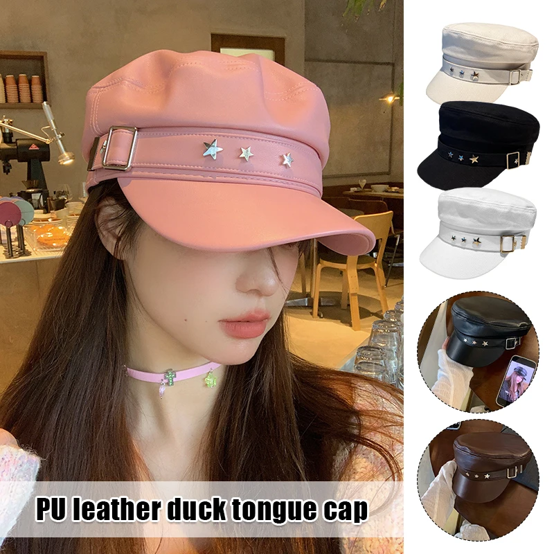 Korean Pink/Black PU Leather Beret Women New Cotton Duck Tongue Caps Spring Autumn Winter Fashion British Retro Painter Navy Hat