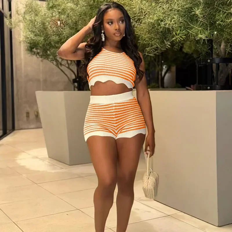

Полосатые вязаные короткие комплекты, женский комплект из двух предметов, летняя одежда, укороченный топ без рукавов и шорты, спортивные повседневные одинаковые комплекты
