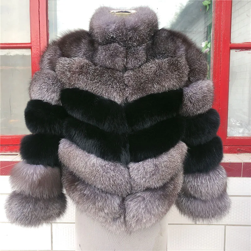 Natural Real Fox Fur Coat for Women, Silver Fox Fur and Fox Fur, Mixed Style, Warm Winter Jacket, New Fashion, Free Shipping,