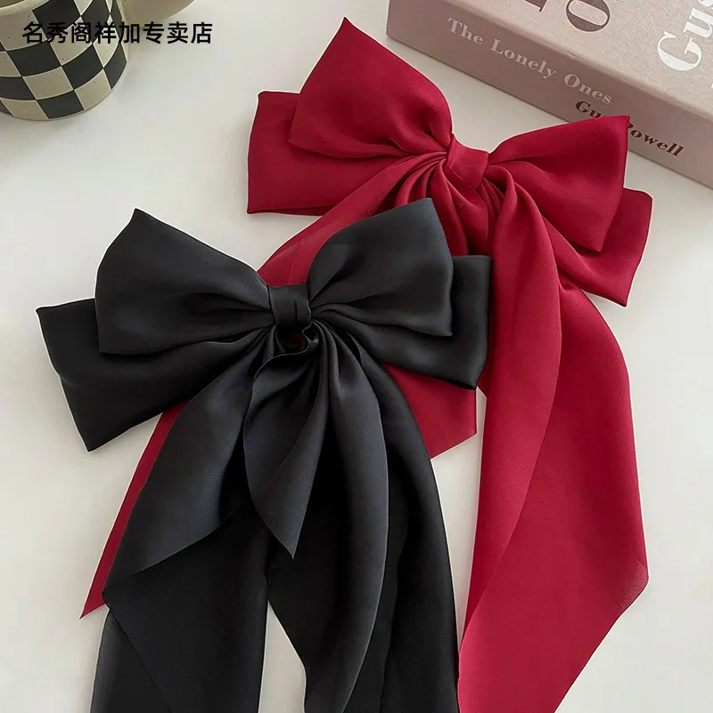 Korean Minimalist Satin Bow Hair Clips — Long Ribbon Tails, Spring Snap Clips for Ponytail & Bun, Vintage Chic