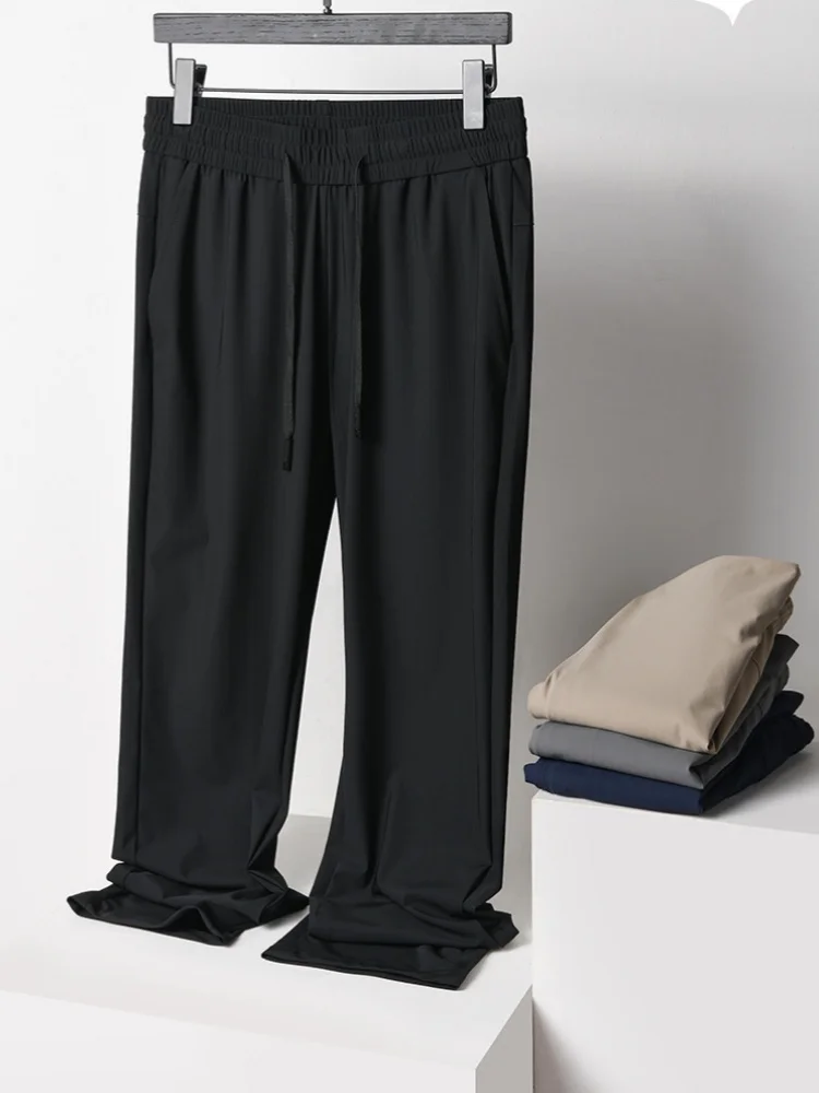 

2026 Summer Men's Thin Ice Silk Casual Pants Loose Fit Plus Size Quick-Dry Elastic Joggers 9/4 Length Tapered Ankle Sweatpants