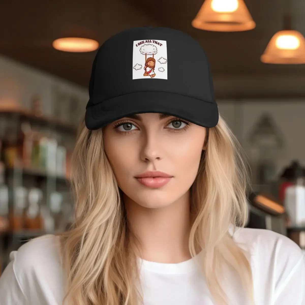 I See All That Cute Jesus On A Cloud Swing Mesh Baseball Caps Snapback Fashion Baseball Hats Breathable Casual Casquette Outdoor