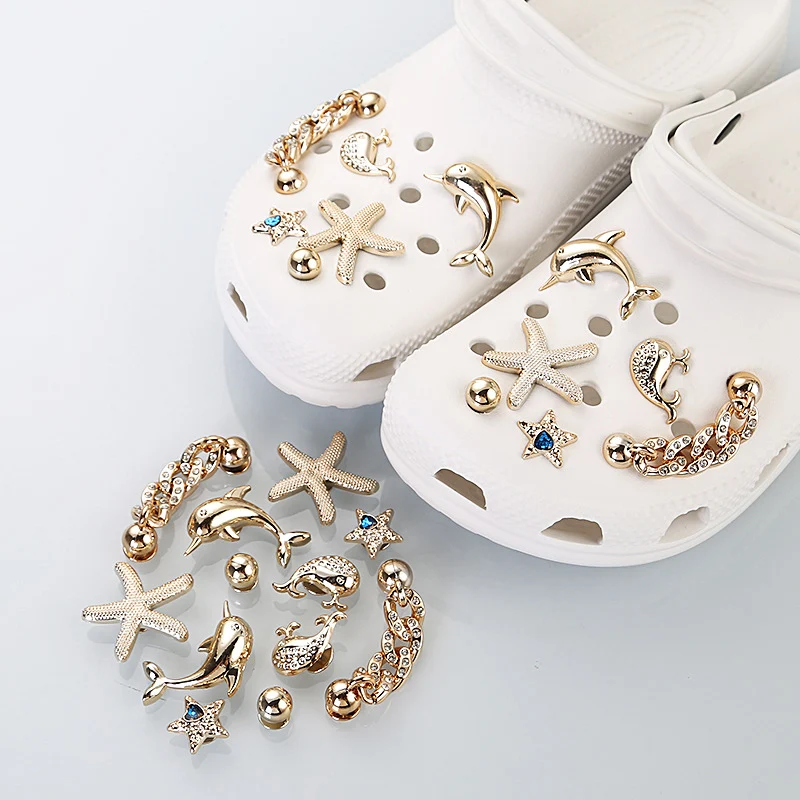 12 Pcs Luxury Crystal Gold Star Clogs Accessories Summer Diy Detachable Metal Chain Shoes Charms Set Couple's Shoes Decorations