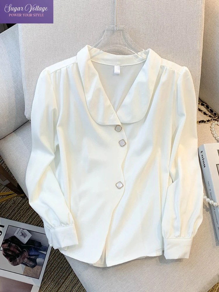 تصميم فاخر غير متناظرة طية صدر السترة كم طويل قميص المرأة أنيقة الفرنسية موضة بلوزة بيضاء الخريف الكورية شيك مكتب القمم جديد #1