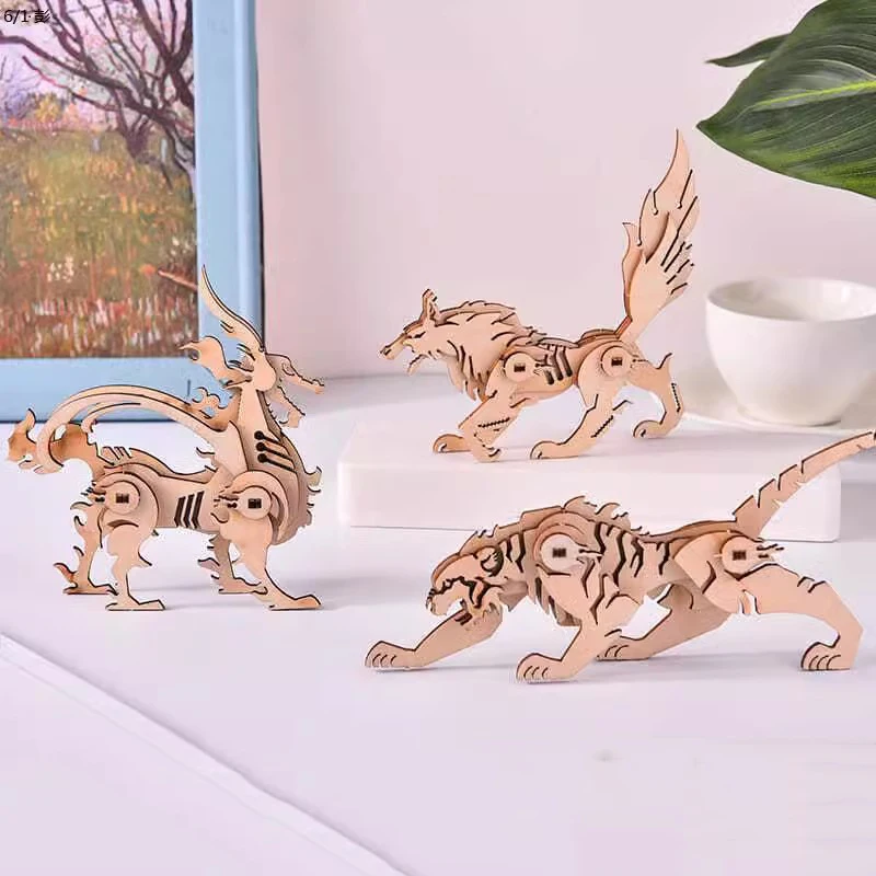 Deer Fox Tiger Wolf Kylin 3D Wooden Puzzle Building Model Toy Fairy Story Zoo Cartoon Animal Wood Hand Work Boy Girl Friend Gift