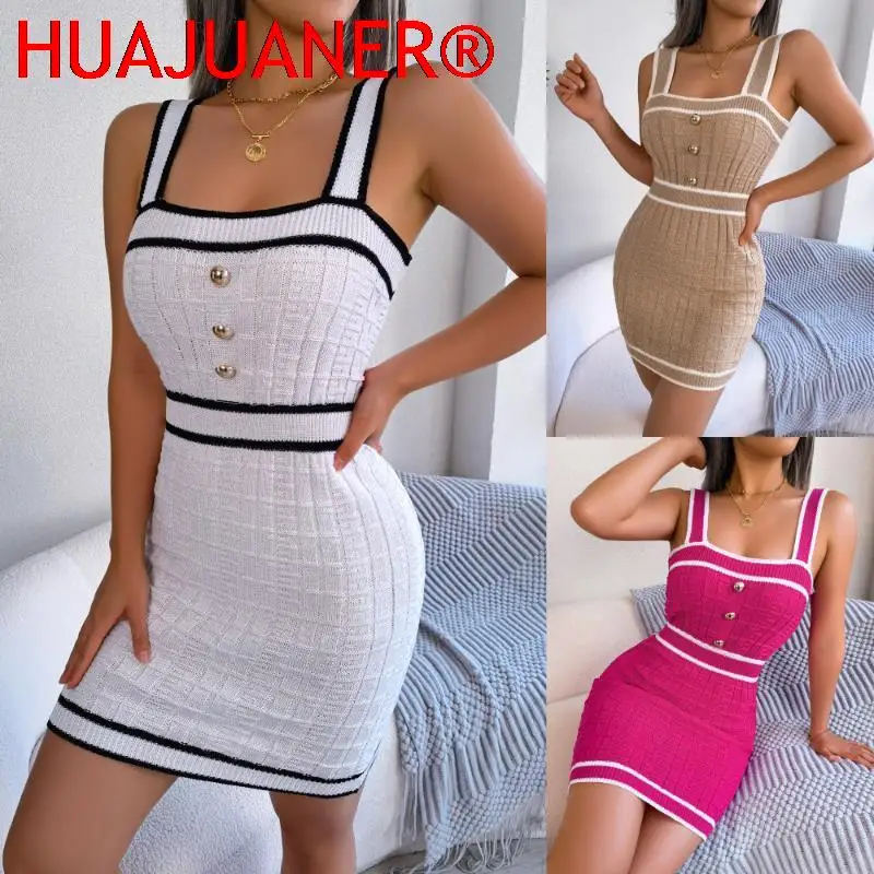 Sexy Miniskirt Casual Square Neck High Waisted Sleeveless Short Skirt Buttons Knit Hip Wrap Dress Spring  Summer Party Dresses