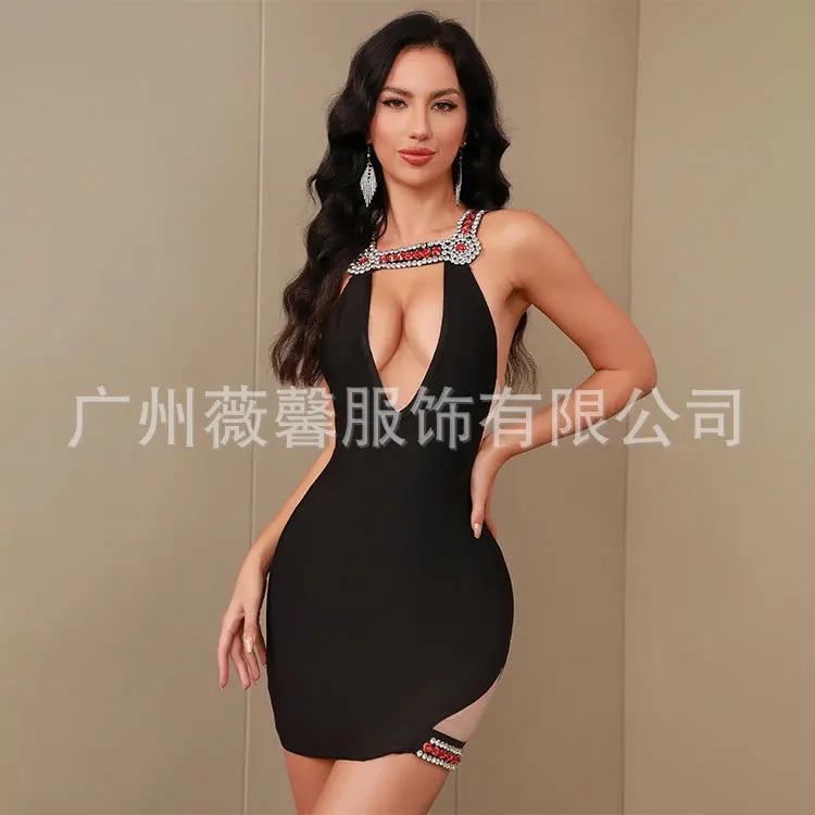 

Sexy Deep V Neck Sleeveless Bodycon Bandage Dress Women Elegant Diamond Cutout Design Black Mini Dress Celebrity Club Party Dres