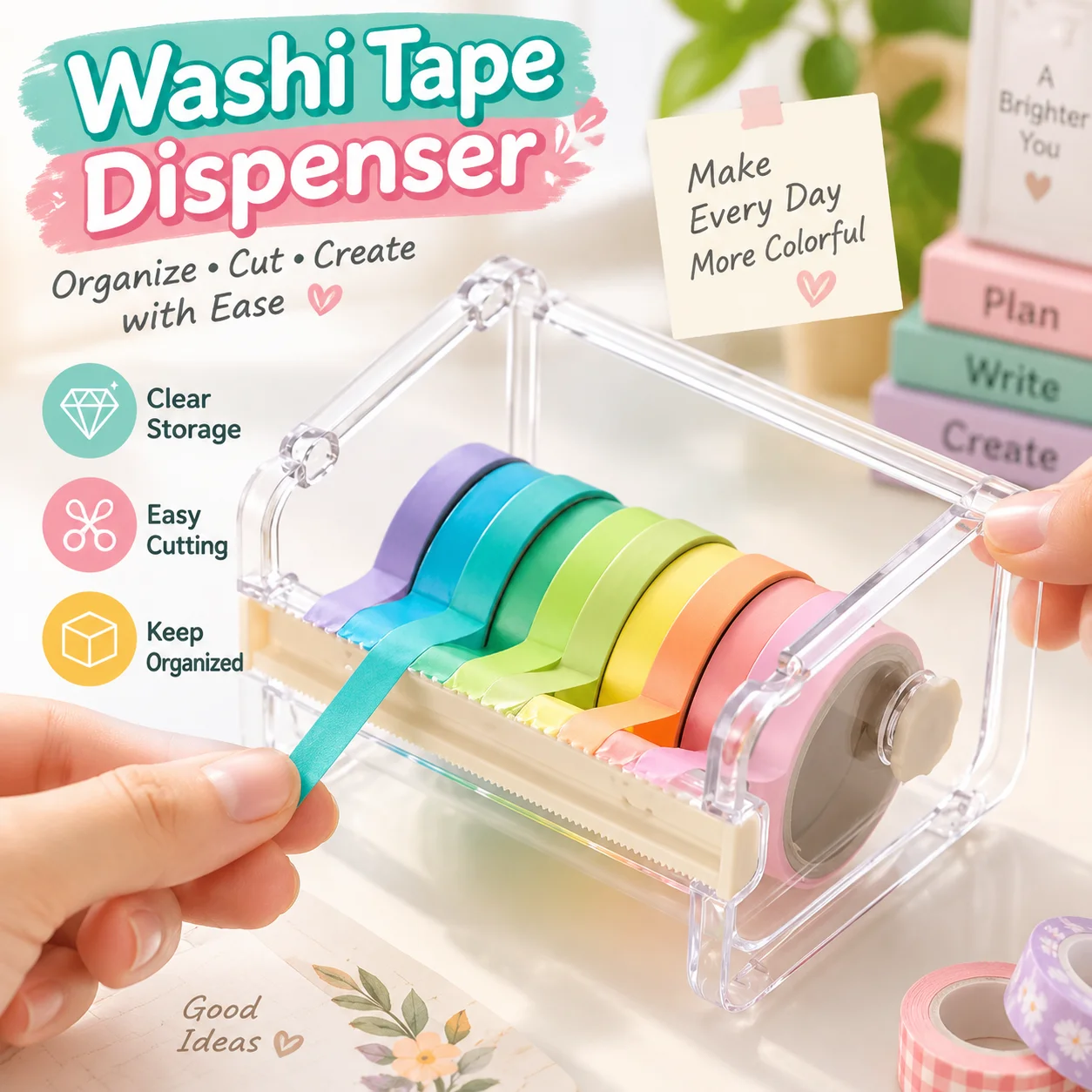 Washi Tape Cutter Dispenser Transparent Base Tape Storage Box for Hand Account Office Home School Stationery