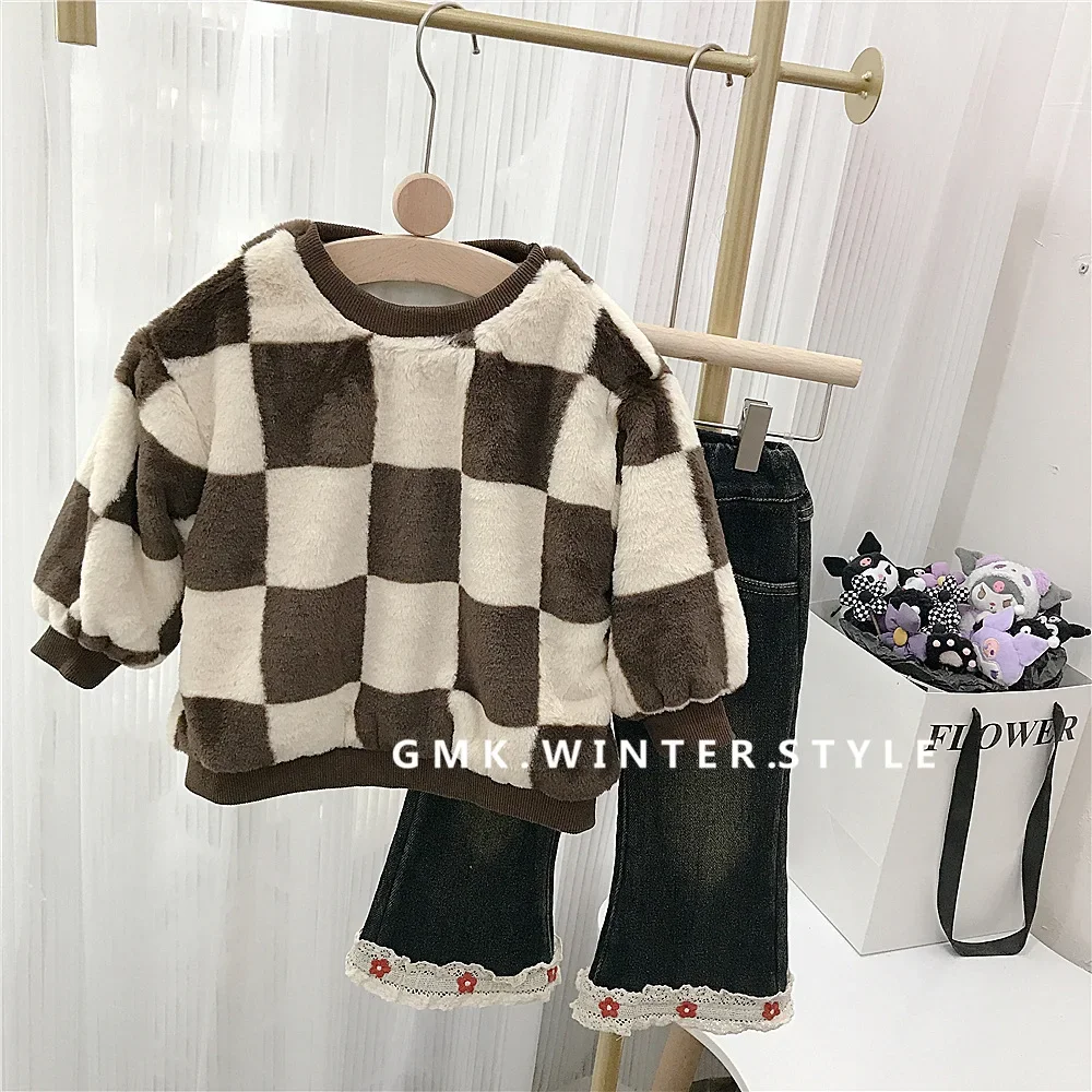 Hoodies Girl Wave Point Lattice Plush Children Clothing Thickening Baby Tops Autumn Winter Velvet Sweater Tide Simple 2024