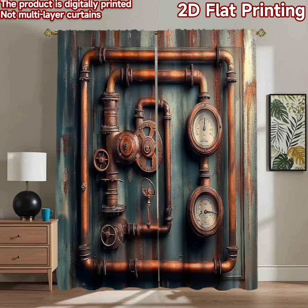 2D flat 2pcs Curtain Modern Minimalist Style Copper Pipes and Gauges Digitally printed polyester, colorfast Family Party
