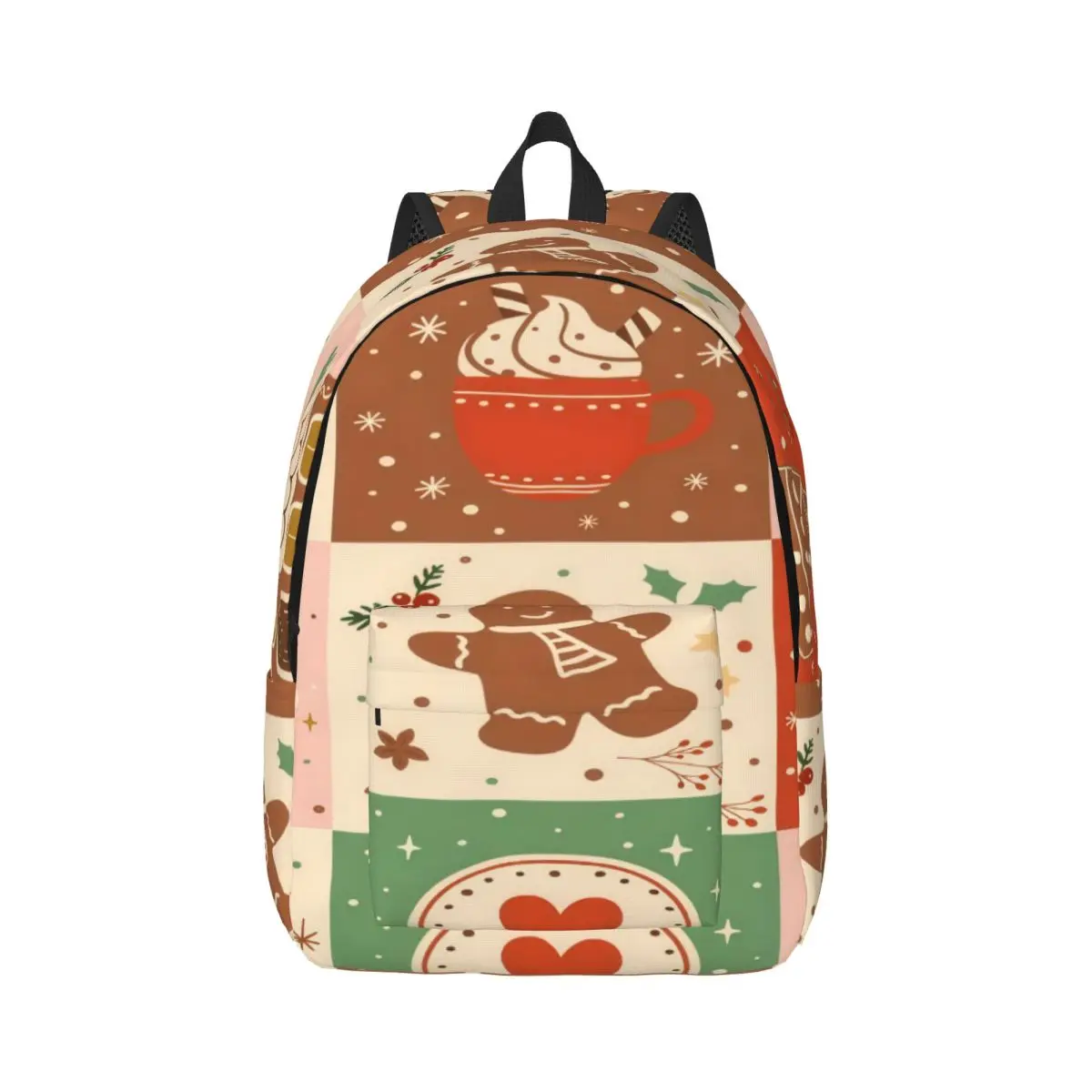 Kawaii School Backpack Grid Gingerbread House Mug Tiles Cute Christmas Orange Brown Pink Cream Sweet Bookbag for Girls Teens Men