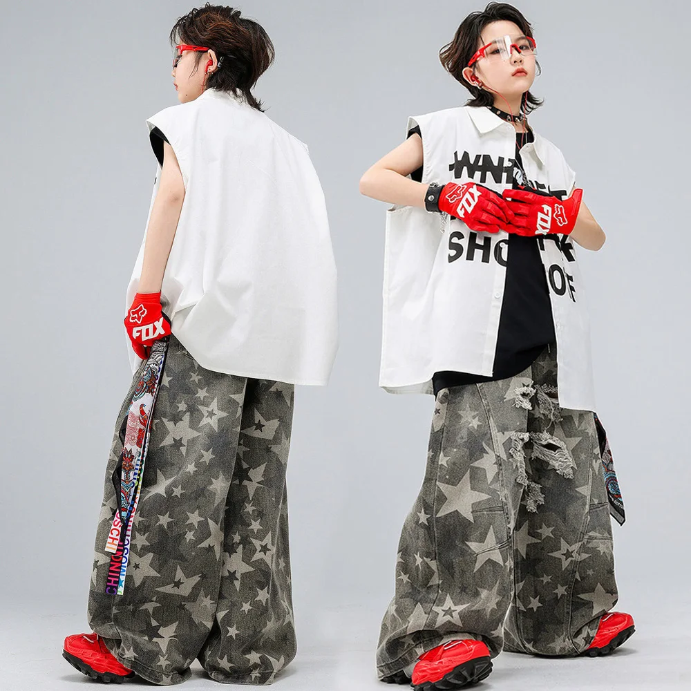 Children Boys Girls Streetwear Hip Hop Sleeveless Shirt Baggy Ripped Jeans Sets Kids Tshirt Denim Trousers Stage Clothes Costume