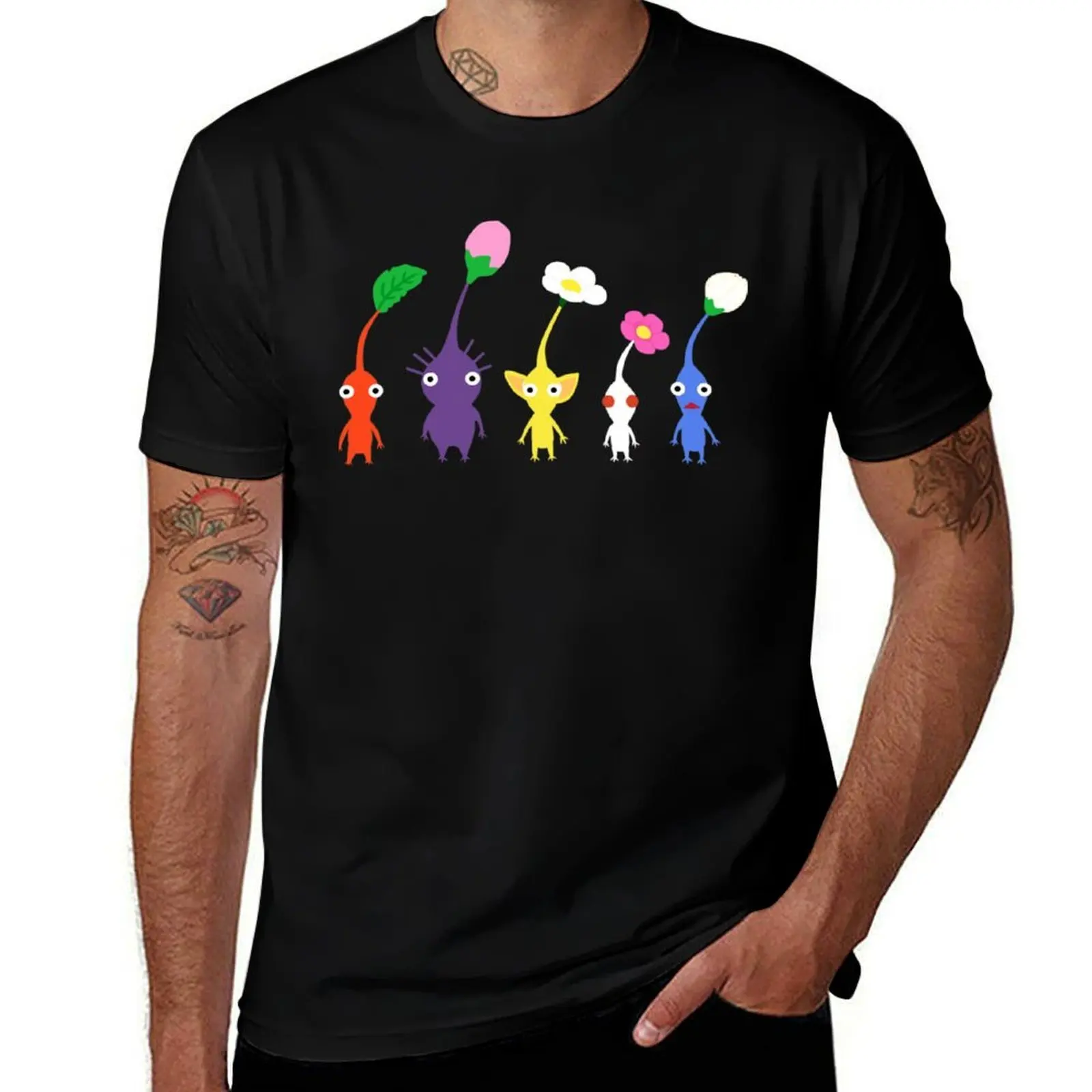 cute pikmin pattern blue T-Shirt Work Basic Short Sleeve Top