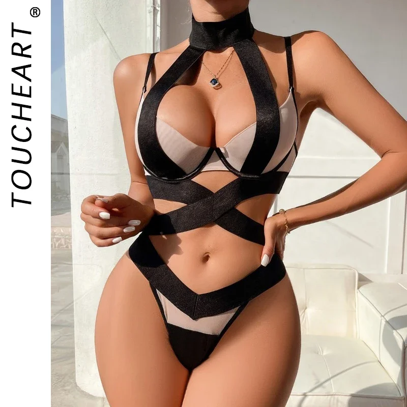 

Toucheart Sexy Lingerie Set Patchwork Mesh Hollow Out See-through Underwear for Women Sexy Plunge Contrast Color Lingerie Set