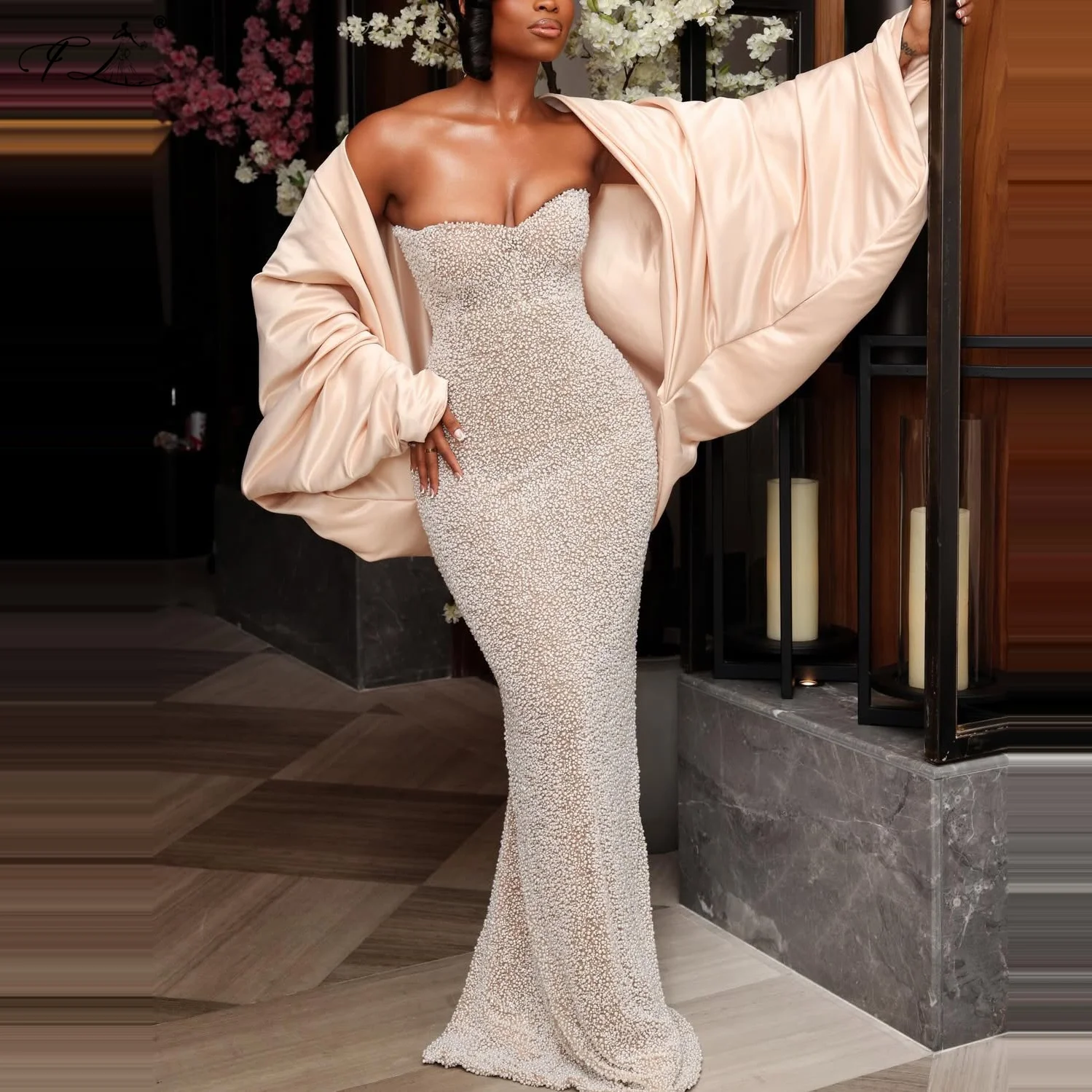 Small Beaded Dress Shawl Champagne Mermaid Gown Simple Elegant Evening Dress Suitable For Gala Prom Formal Dress Customize TJ