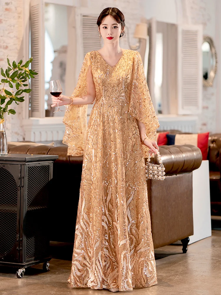 

Gorgeous Gold Evening Dress Elegant Shawl Sleeves V-Neck Bling Sequin Floor-Length A-Line Wedding Party Gown Back Zip Prom Dress