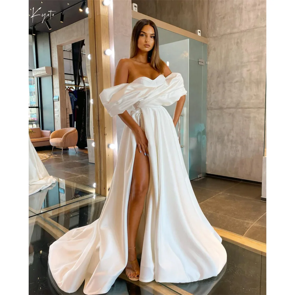 

Kyoto Customized White Off Shoulder Heart Collar Wedding Dress Side Split vestidos de novia Long Train A-line Formal Evening