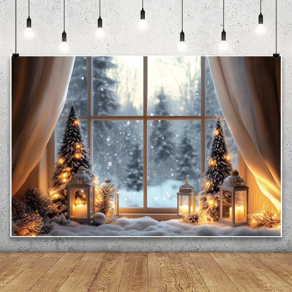 Winter Wood Window Scene Backdrops Photography Forest Snowscape Christmas Trees Candle Kids Family Party Decor Photo Backgrounds