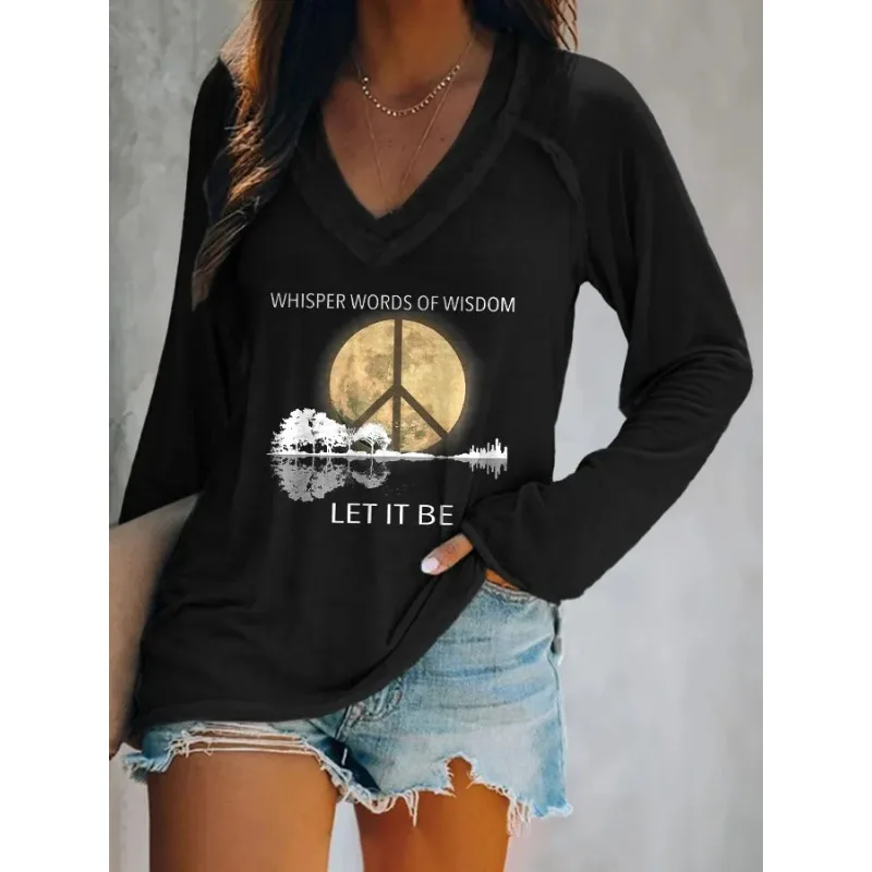 Ilstile Damen-T-Shirts im Hippie-Stil mit Aufdruck, langärmelig, V-Ausschnitt, lässige, lockere T-Shirts, modische Damenbekleidung