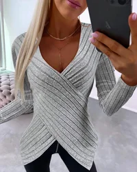 Top asimétrico de manga larga con cuello en V de Color liso para mujer, Top informal a la moda