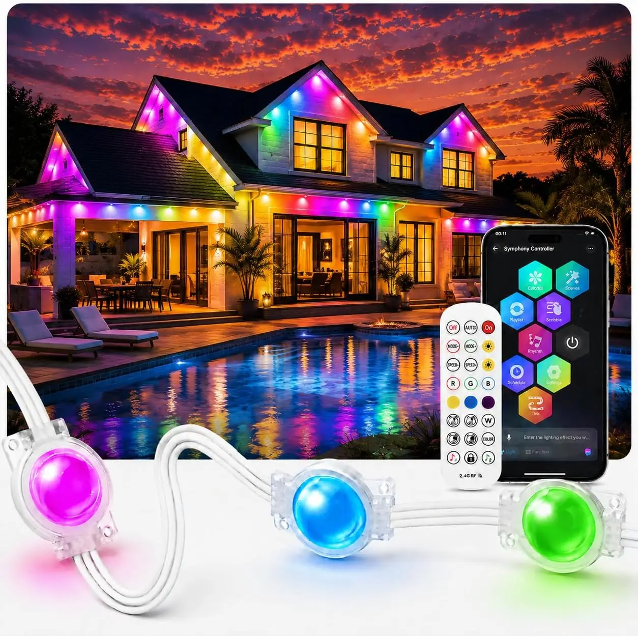 200FT Smart RGB+IC Permanent Outdoor Eave Lights, App & Remote Operated, IP67 Waterproof LED Roof Lights for Home All-Season Decor