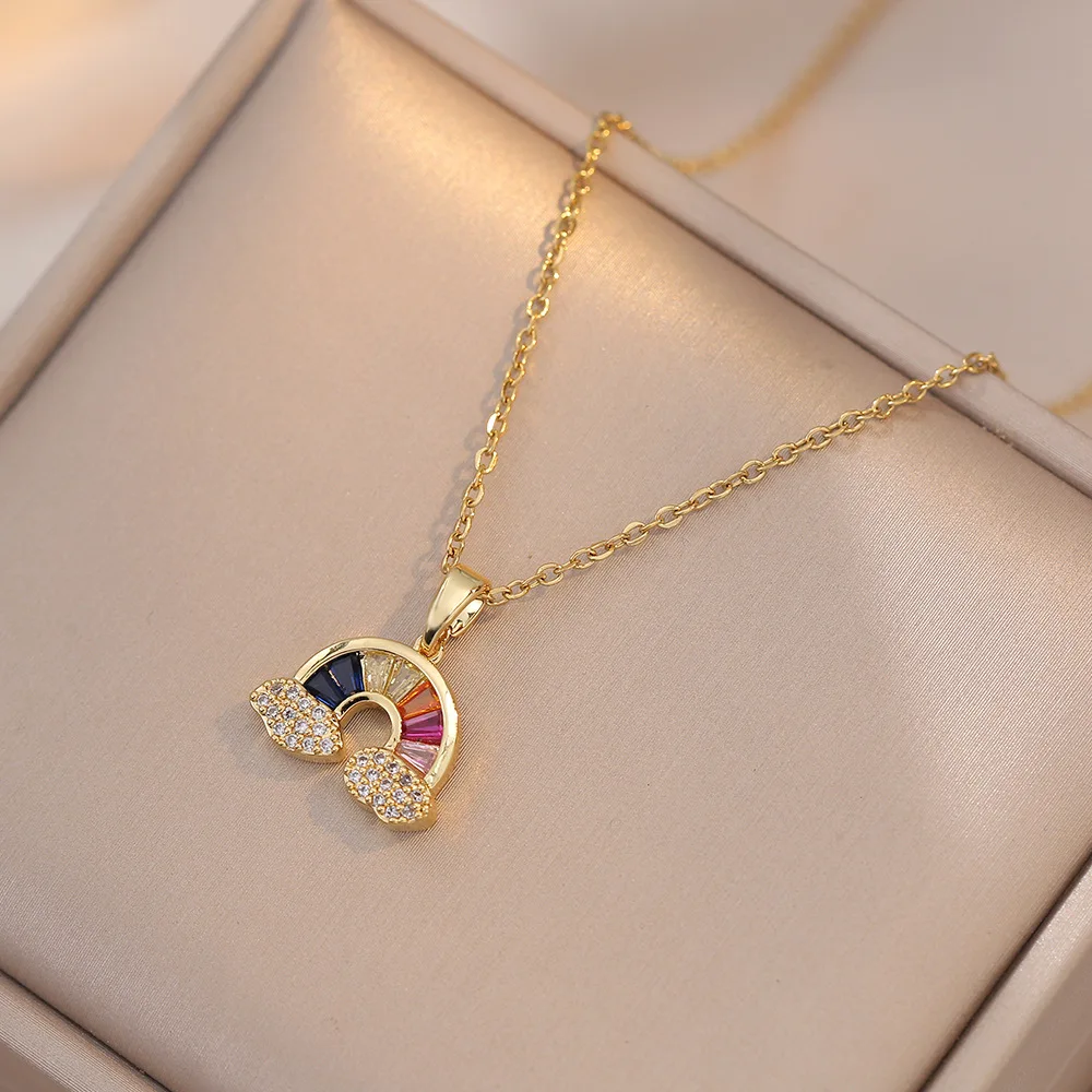 Bohemia Cute Crystal Rainbow Cloud Stainless Steel Pendant Necklace for Women Charm Personality Summer Beach Jewelry Do Not Fade