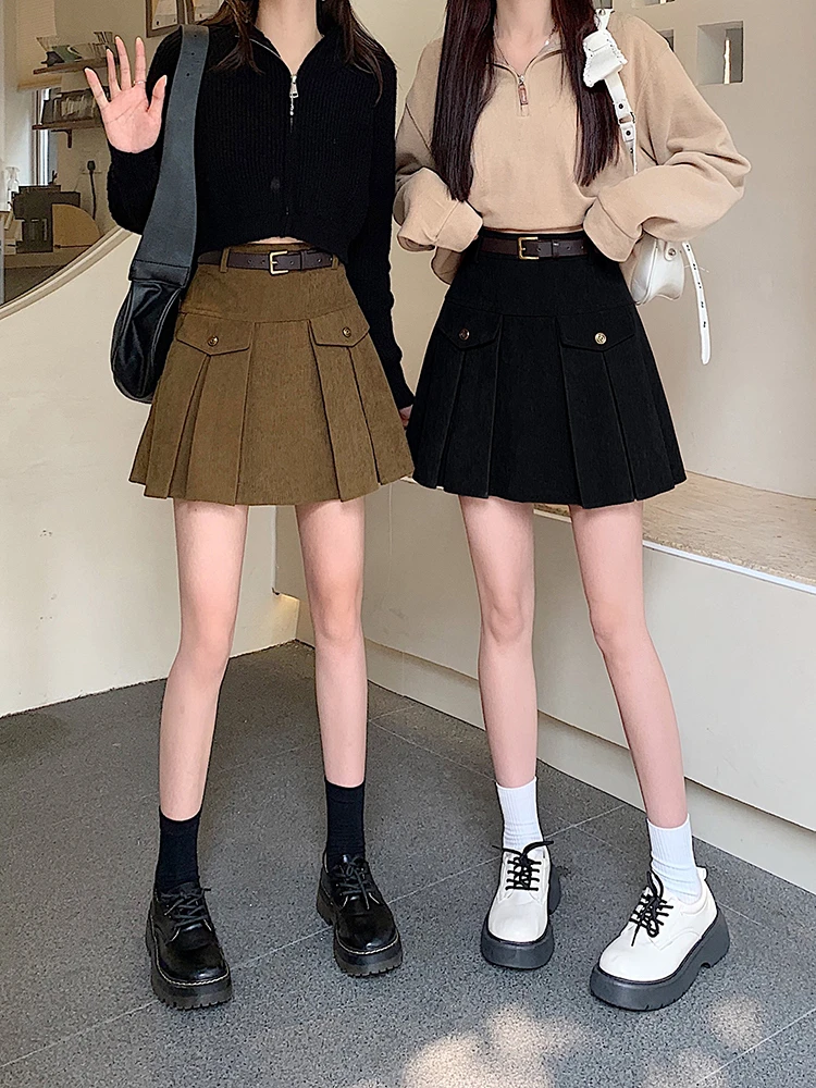 

JMPRS Y2K High Waist Corduroy Pleated Skirt with Belt Female Korean Fashion A-line Black Faldas Mujer Slim Fit Goth Skirt New