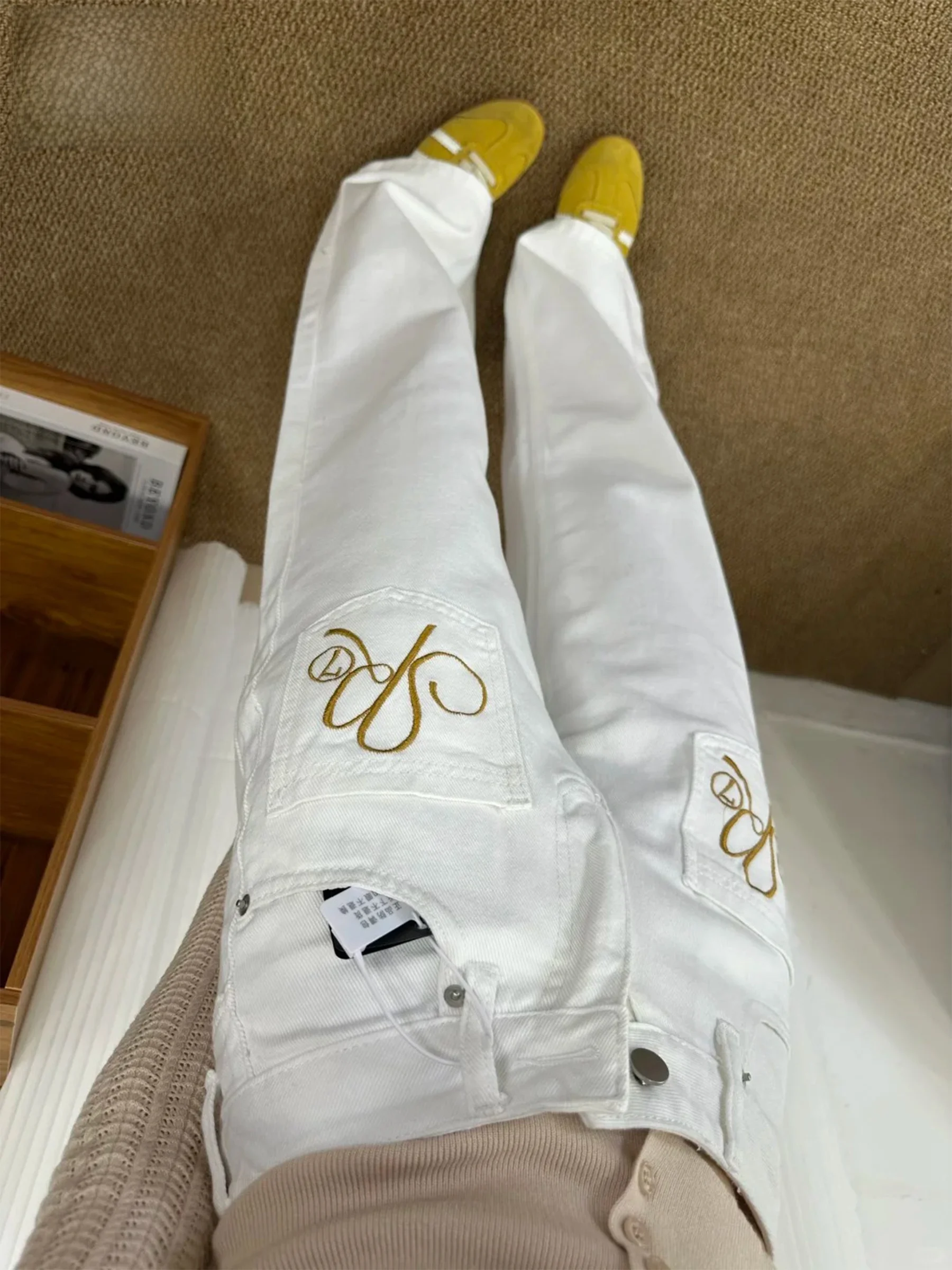 

Белые джинсы с американской вышивкой, широкие, прямые, свободные, женские, летние, с высокой талией, из хлопкового денима, для модниц