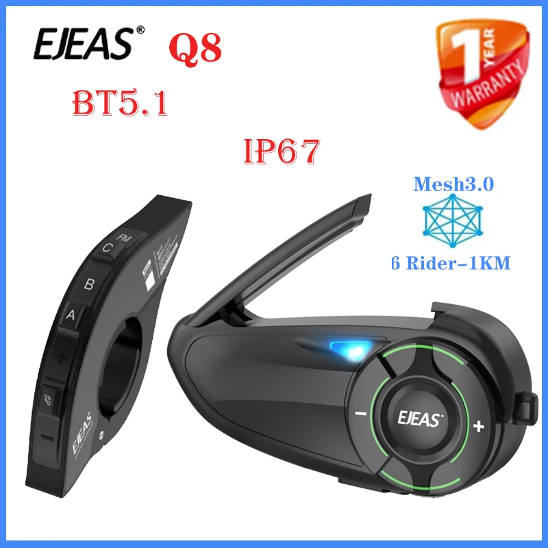 

EJEAS Q8 Mesh Intercom Motorcycle Helmet Headset BT5.1 Interphone For 6 Riders Group 1KM Talking At Same Time Music Sharing IP67