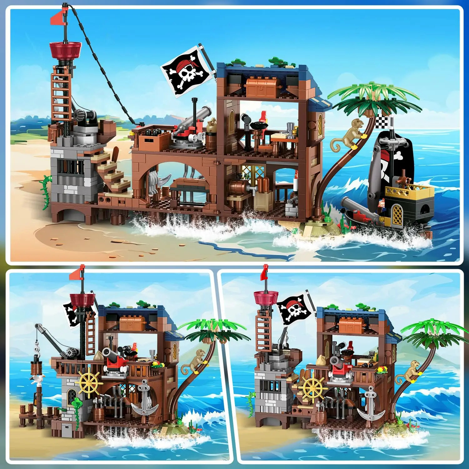 HOGOKIDS Pirate Ship Wharf Building Toy with LED–Medieval Pirate House BuildingBlock Set, Architecture for Kids6+  Birthday Gift