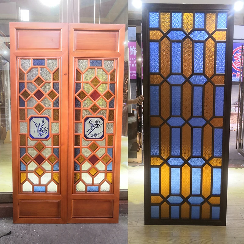 Antique Window Solid Wood Begonia Color Glass Embossing Art Glazed Lingnan Flower Window Door Screen