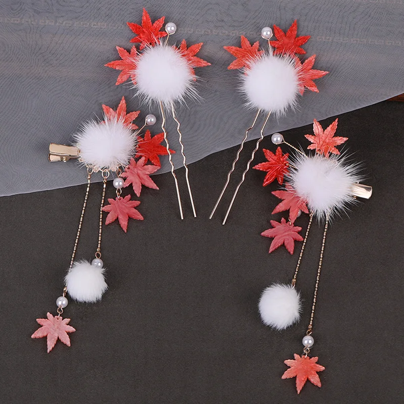 New Year Red Maple Leaf Tassels Plush Hair Clip Vintage Hanfu Wool Ball Chinese Style Hairpin Hair Accessories