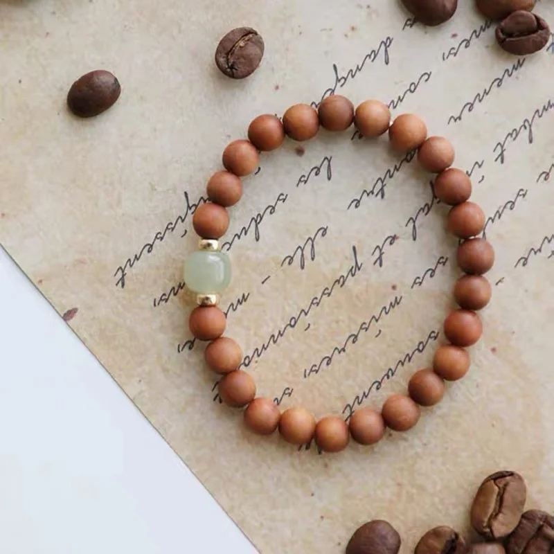 White Sandalwood Bracelet Female Hetian Jade Bracelet SandalwoodInsSpecial-Interest Design Wooden Beads Girlfriends Ancient Styl