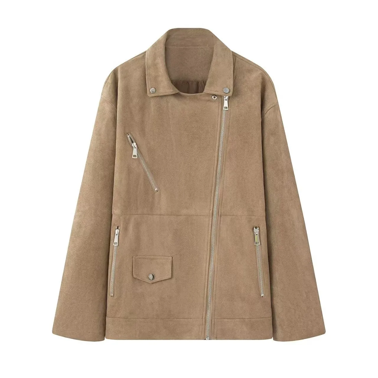 KIDCRKJ Best verkochte dames lente suède buitenjas met meerdere ritsen, effen, losvallende dames pilotenjas, Instagram-stijl, stijlvolle damesjas