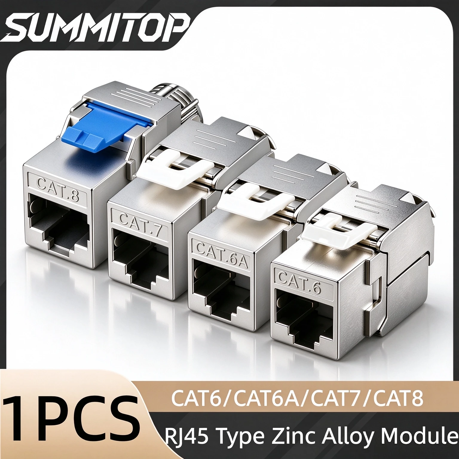 SUMMITOP CAT6 CAT6A CAT7 CAT8 Keystone Jack RJ45 STP/UTP Tool-Less Type Zinc Alloy Module Shielded Keystone Jack Adapter