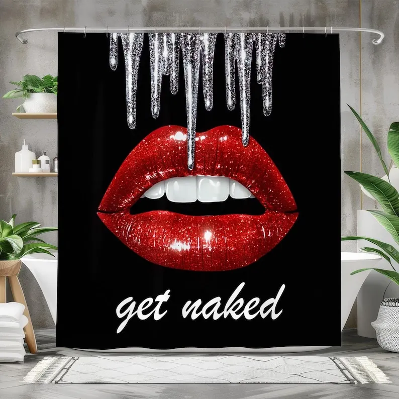 Get Naked Shower Curtain – Glam Red Lips and Silver Drips – Bold Bathroom Statement Art