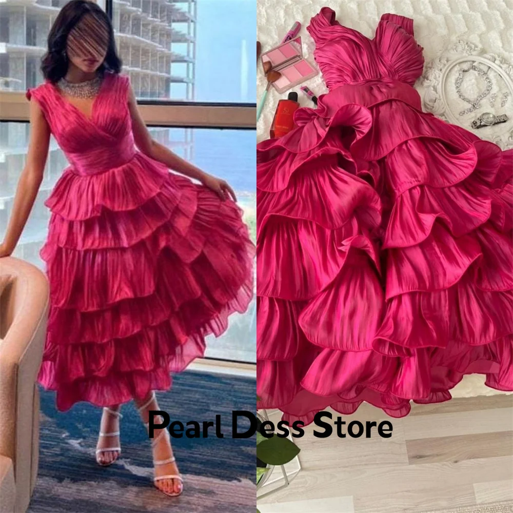 

V-neck Prom Dress Adult Gift Dress Layered Flower Chiffon Prom Dress