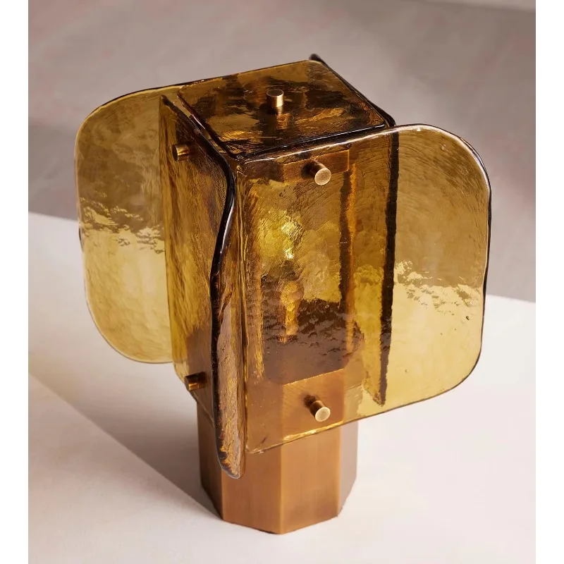 Chinese Antique Amber Glass Table Lamp Creative Desk Light For Bedroom Living Room Study