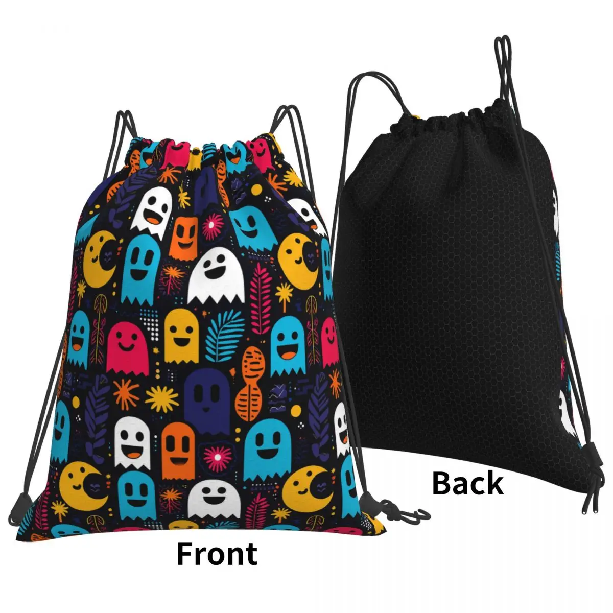 Tropical Haunt Colorful Ghosts And Jungle Leaves On Black Backpacks Casual Drawstring Bundle Pocket Storage Bag Book Bags Travel