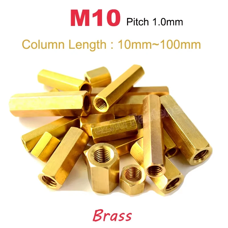 1-3pcs M10 Pitch 1mm Hex Brass Standoff Spacer Hexagon Copper Stud Nut Full Thread Female Screw DIY Double Pass Length 10~100mm