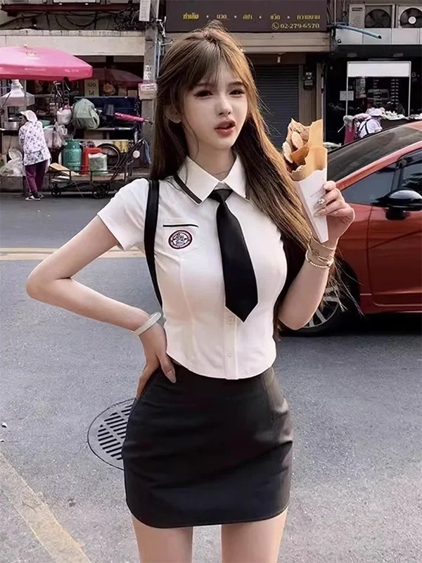 

Корейский Sle Faionable School orm JK orm Set Летний дизайн Элегантная белая юбка с запахом и талией из двух частей