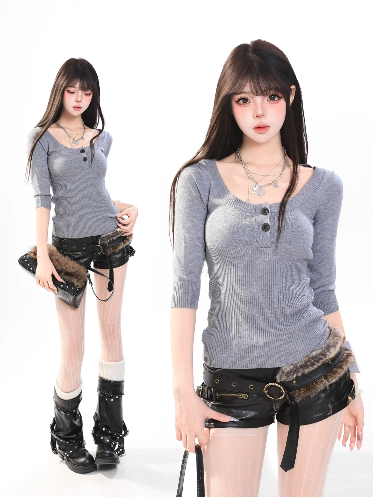 

Slim Fit Knitwear Women's Casual Style round Neck Seven Sleeve Button up Base Layer Top Spring Summer Fashion Elegant