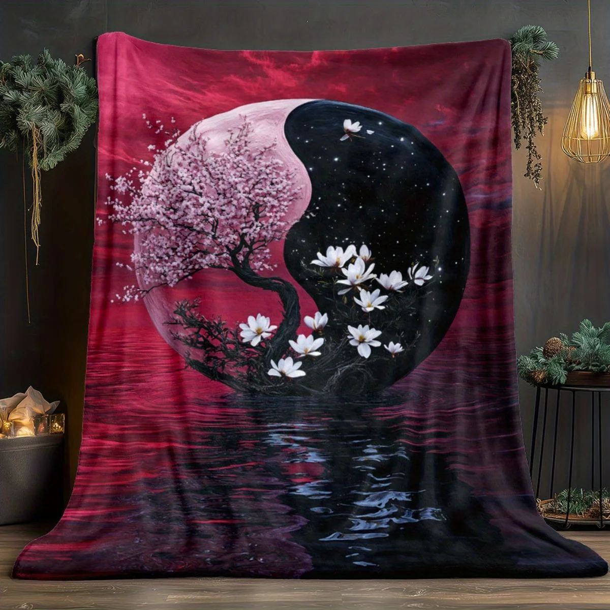Flower pattern of the Yin-Yang tree Flannel printed blanket suitable for all seasons suitable for living room office sofa travel