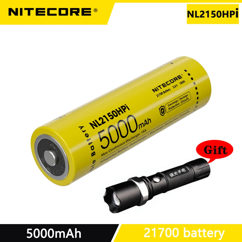 

Аккумулятор NITECORE NL2150HPi серии 21700 i, 5000 мАч, 15 А, 3,6 В, аккумулятор для фонарика с бесплатным фонариком