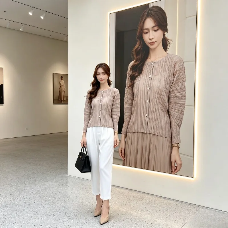 

Miyake Pleated Summer New Pleated Knit Cardigan Top for Women Round Neck Single Button Breathable Air Conditioning Shirt Pleat