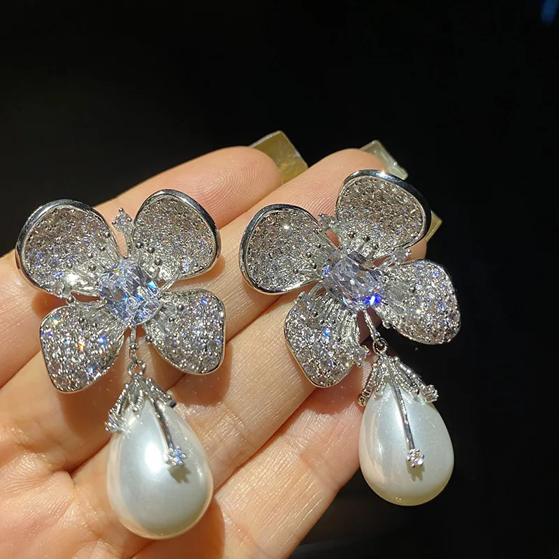 Vintage Floral Drop Earrings Sparkly Cubic Zirconia Flower Design Teardrop Pearl Dangling Detail Silver Tone Ladies Ear Ornament