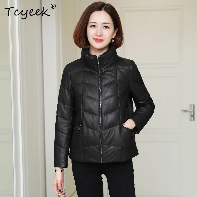 Tcyeek Real Leather Jacket Woman 2026 Stand Genuine Sheepskin Coat Women Clothes 90% Down Coats Black Short Streetwear Дубленка