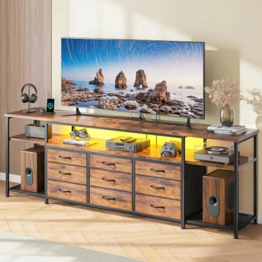 63 W TV Stand with 9 Drawers, LED Lighting, Built-in Power Strip, for 55/60/65/70 TVs, Engineered Wood, Espresso, Space-Saving